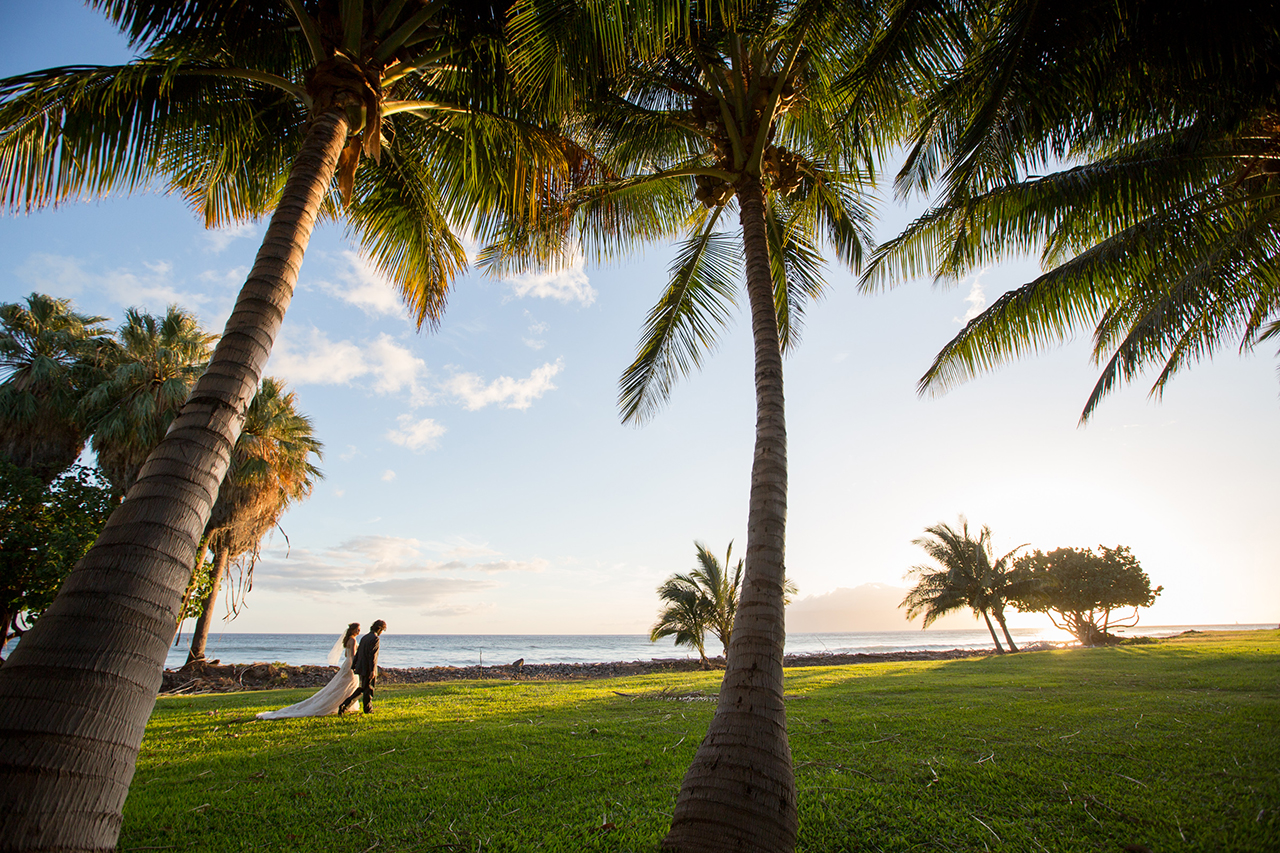 A couple stroll along the coast under palm trees.