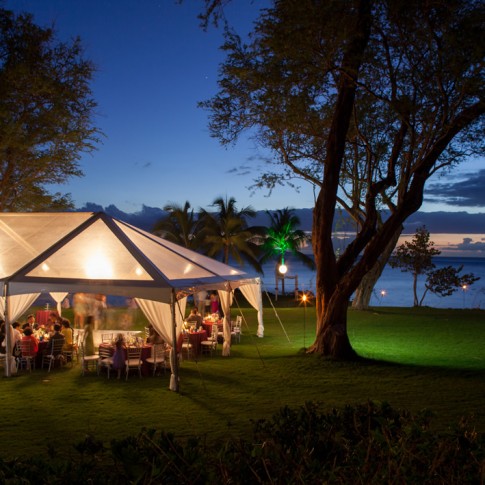 An evening scene at a wedding at Sugarman's estate Maui.