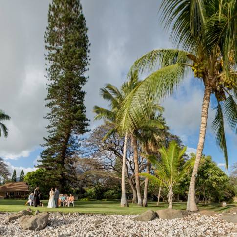 A small intimate wedding ceremony shot as a panorama at Olowalu Maui.