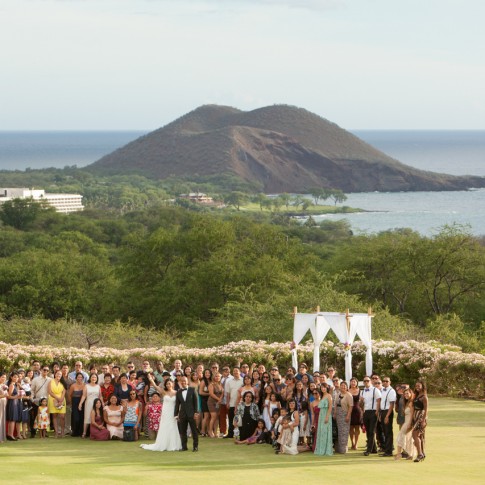 a wedding party group photo taken from a high perspective